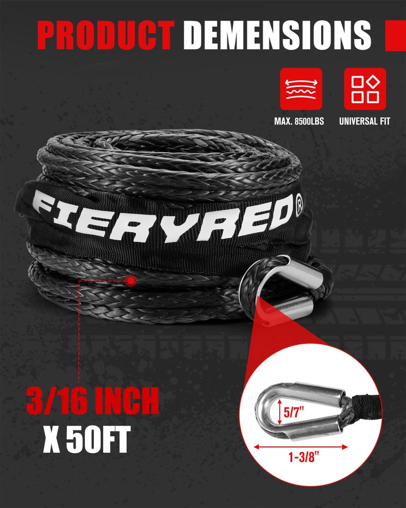 FieryRed 3/16â€ Winch Rope Cable,50 FT 8500 LBS ATV/UTV Synthetic Winch Rope, Winch Line Replacement with Protective Sleeve Suits for 2000 to 3500LBS Winch, Orange/Black/Grey Available - Image 2
